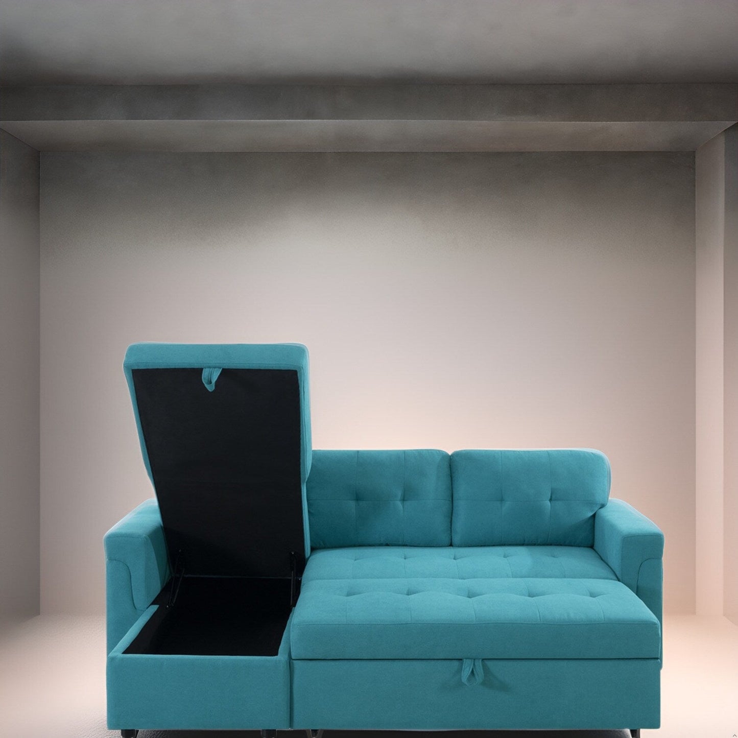 Canapé d'angle convertible et réversible avec lit gigogne, méridienne de rangement dissimulée et pieds robustes.