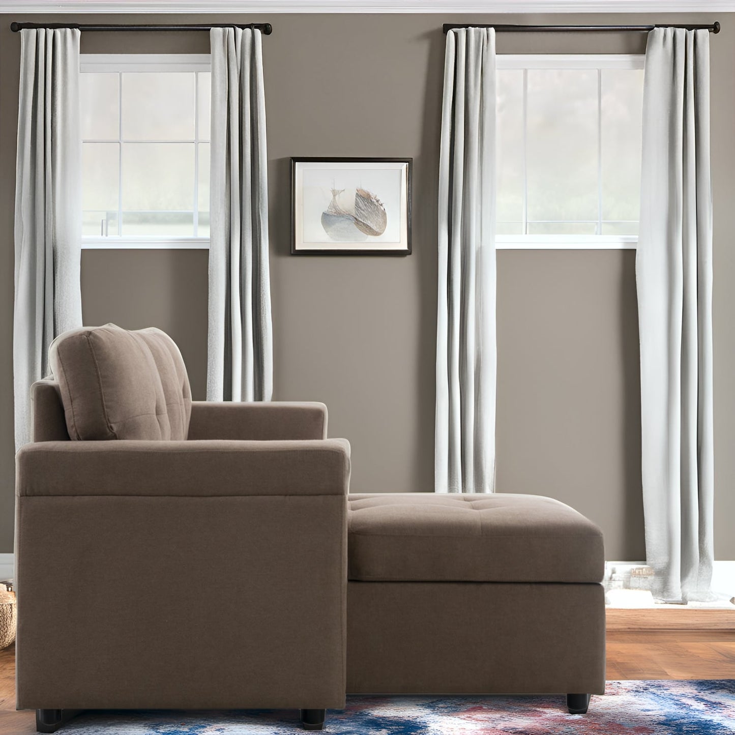 Canapé d'angle convertible et réversible avec lit gigogne, méridienne de rangement dissimulée et pieds robustes.