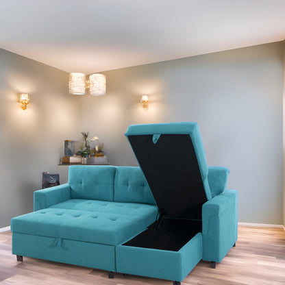 Canapé d'angle convertible et réversible avec lit gigogne, méridienne de rangement dissimulée et pieds robustes.