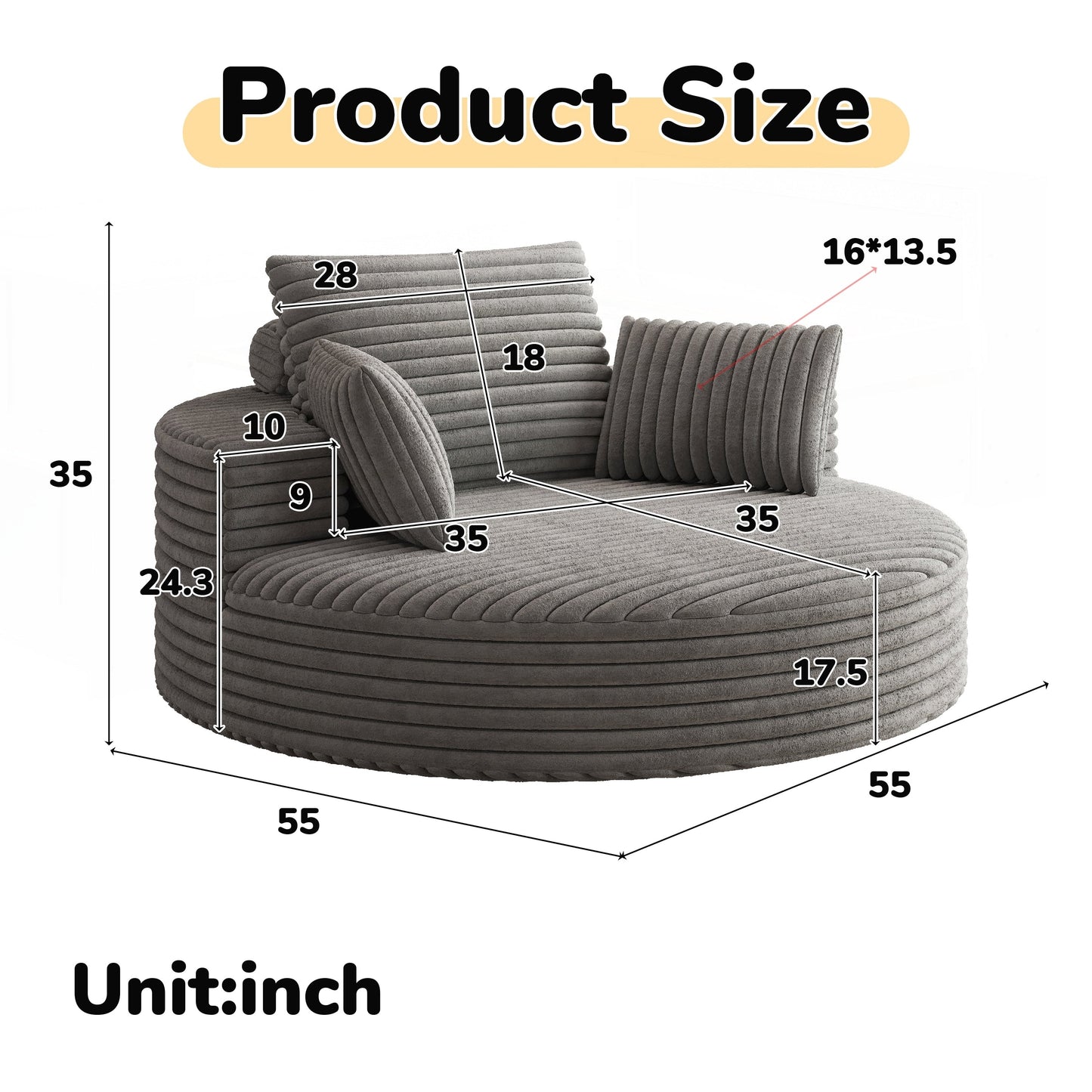 Fauteuil pivotant simple en velours côtelé et mousse chenille