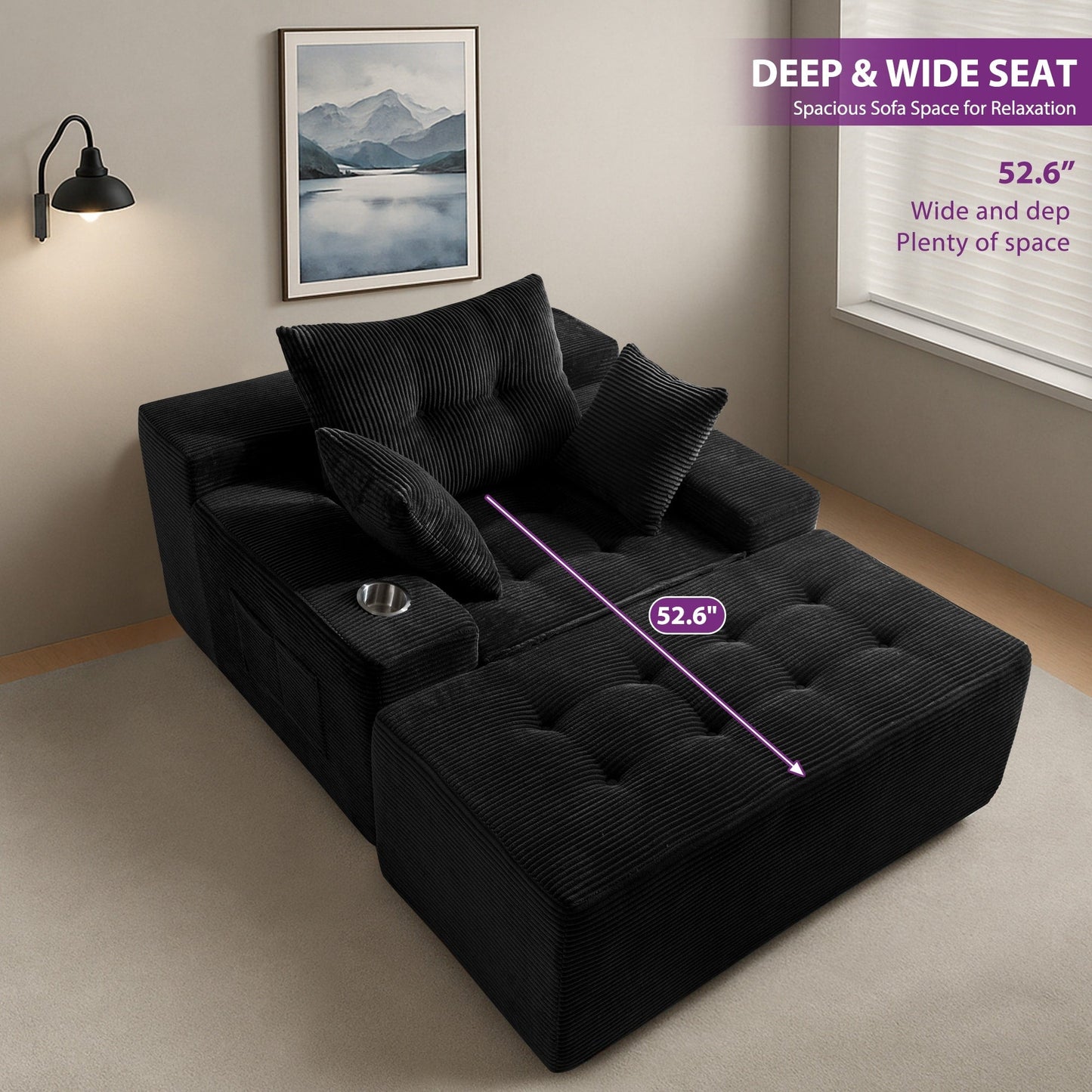 Canapé en velours côtelé avec pouf intégré et mousse à mémoire de forme - 123 cm (L) x 172 cm (l) x 62 cm (H)