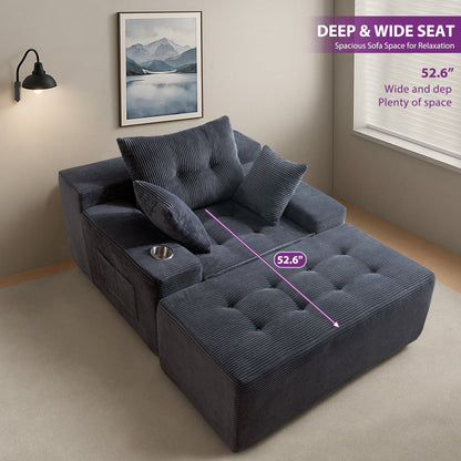 Canapé en velours côtelé avec pouf intégré et mousse à mémoire de forme - 123 cm (L) x 172 cm (l) x 62 cm (H)