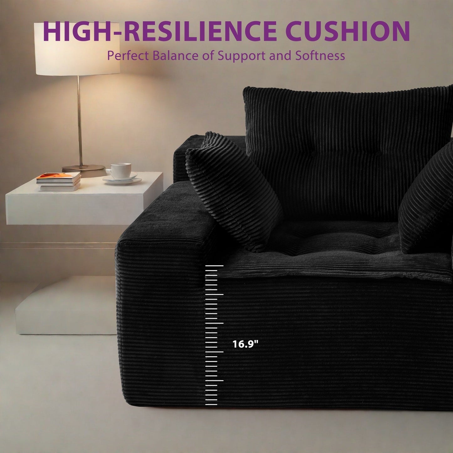 Canapé en velours côtelé avec pouf intégré et mousse à mémoire de forme - 123 cm (L) x 172 cm (l) x 62 cm (H)