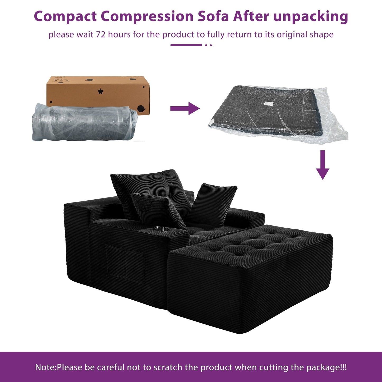 Canapé en velours côtelé avec pouf intégré et mousse à mémoire de forme - 123 cm (L) x 172 cm (l) x 62 cm (H)