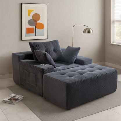Canapé en velours côtelé avec pouf intégré et mousse à mémoire de forme - 123 cm (L) x 172 cm (l) x 62 cm (H)