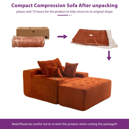 Canapé en velours côtelé avec pouf intégré et mousse à mémoire de forme - 123 cm (L) x 172 cm (l) x 62 cm (H)