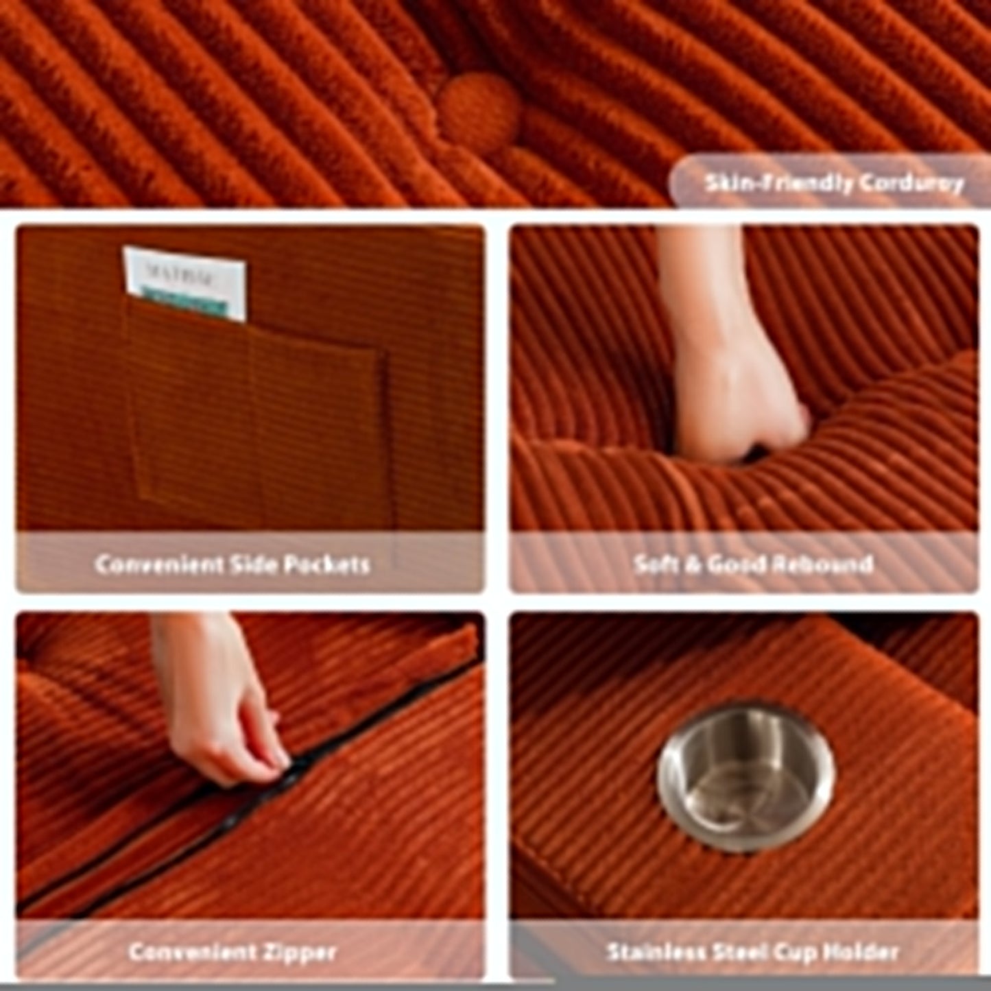 Canapé en velours côtelé avec pouf intégré et mousse à mémoire de forme - 123 cm (L) x 172 cm (l) x 62 cm (H)