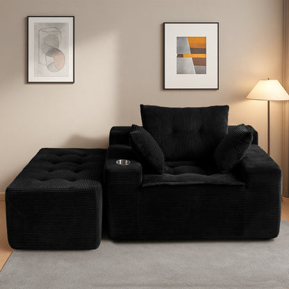 Canapé en velours côtelé avec pouf intégré et mousse à mémoire de forme - 123 cm (L) x 172 cm (l) x 62 cm (H)