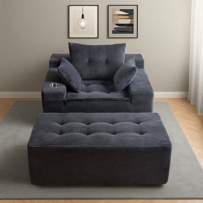Canapé en velours côtelé avec pouf intégré et mousse à mémoire de forme - 123 cm (L) x 172 cm (l) x 62 cm (H)