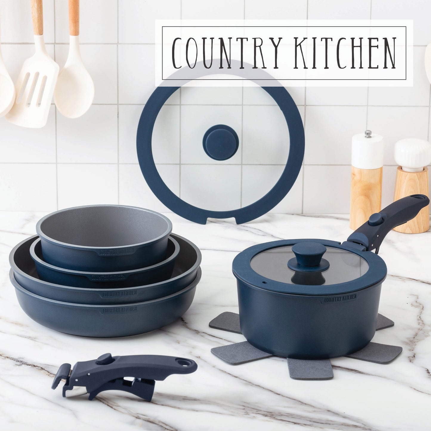 Ensemble de 16 pièces de cuisine Country Kitchen pour camping-car, en céramique avec poignée amovible et compatible four.