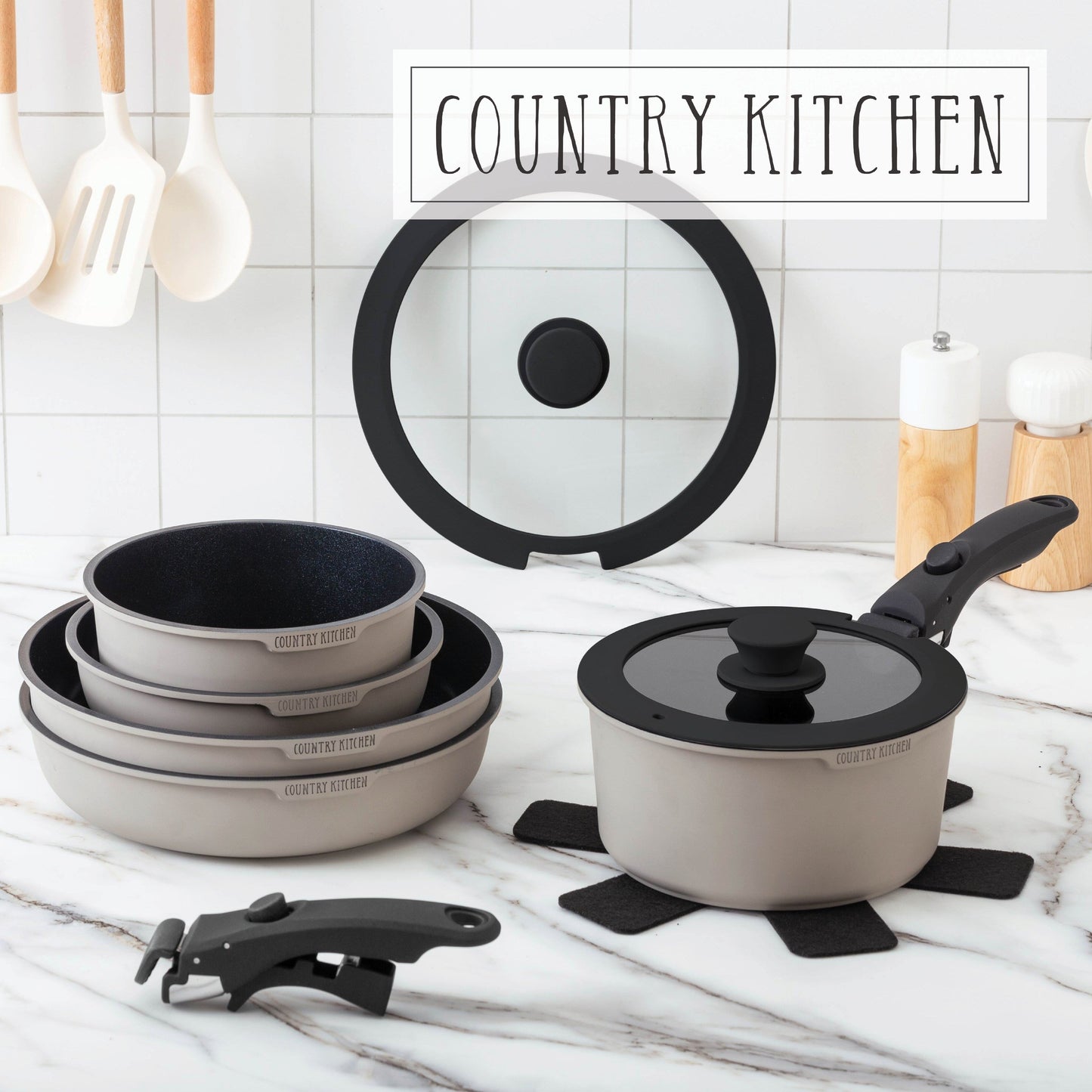Ensemble de 16 pièces de cuisine Country Kitchen pour camping-car, en céramique avec poignée amovible et compatible four.