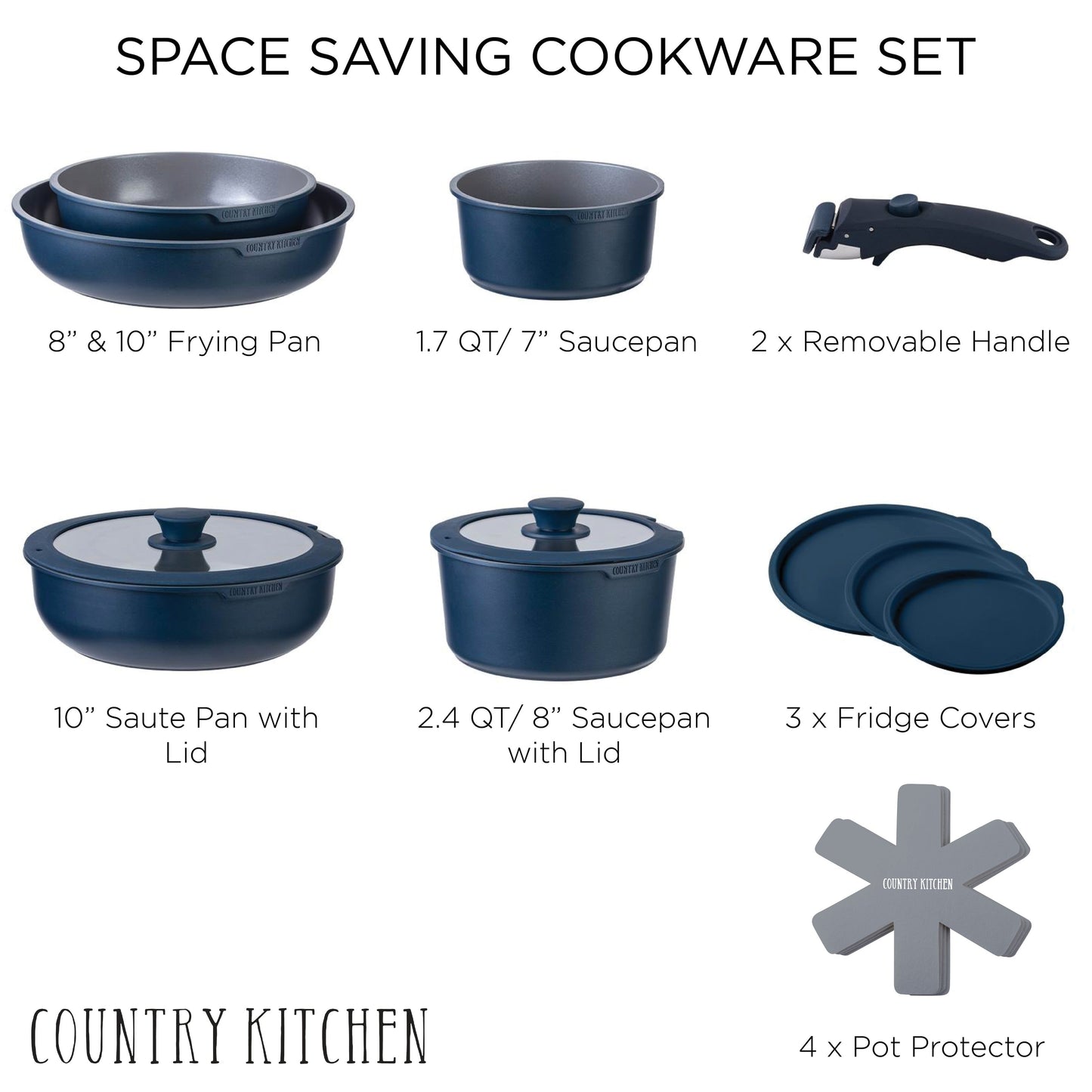 Ensemble de 16 pièces de cuisine Country Kitchen pour camping-car, en céramique avec poignée amovible et compatible four.