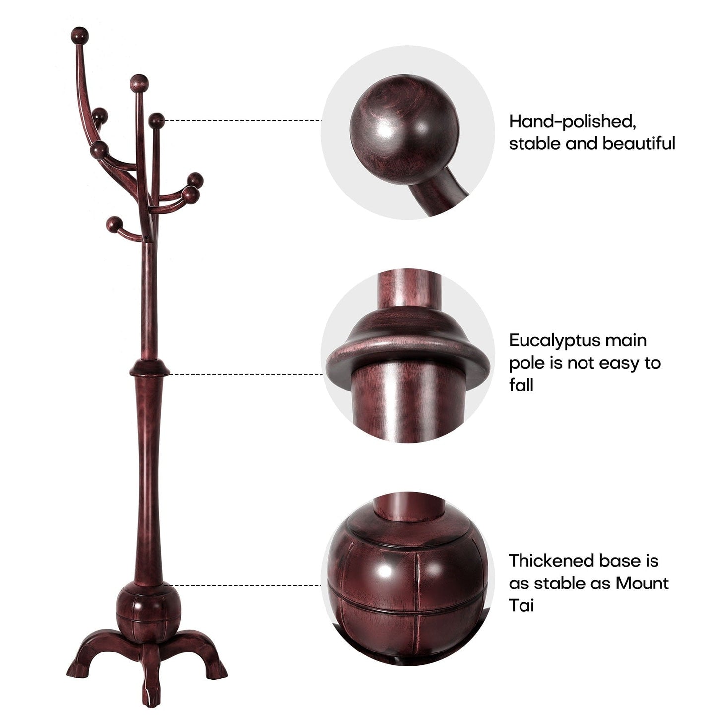 Porte-manteau autoportant en bois d'hévéa avec 8 crochets - 24,5 cm (L) x 70,87 cm (H)