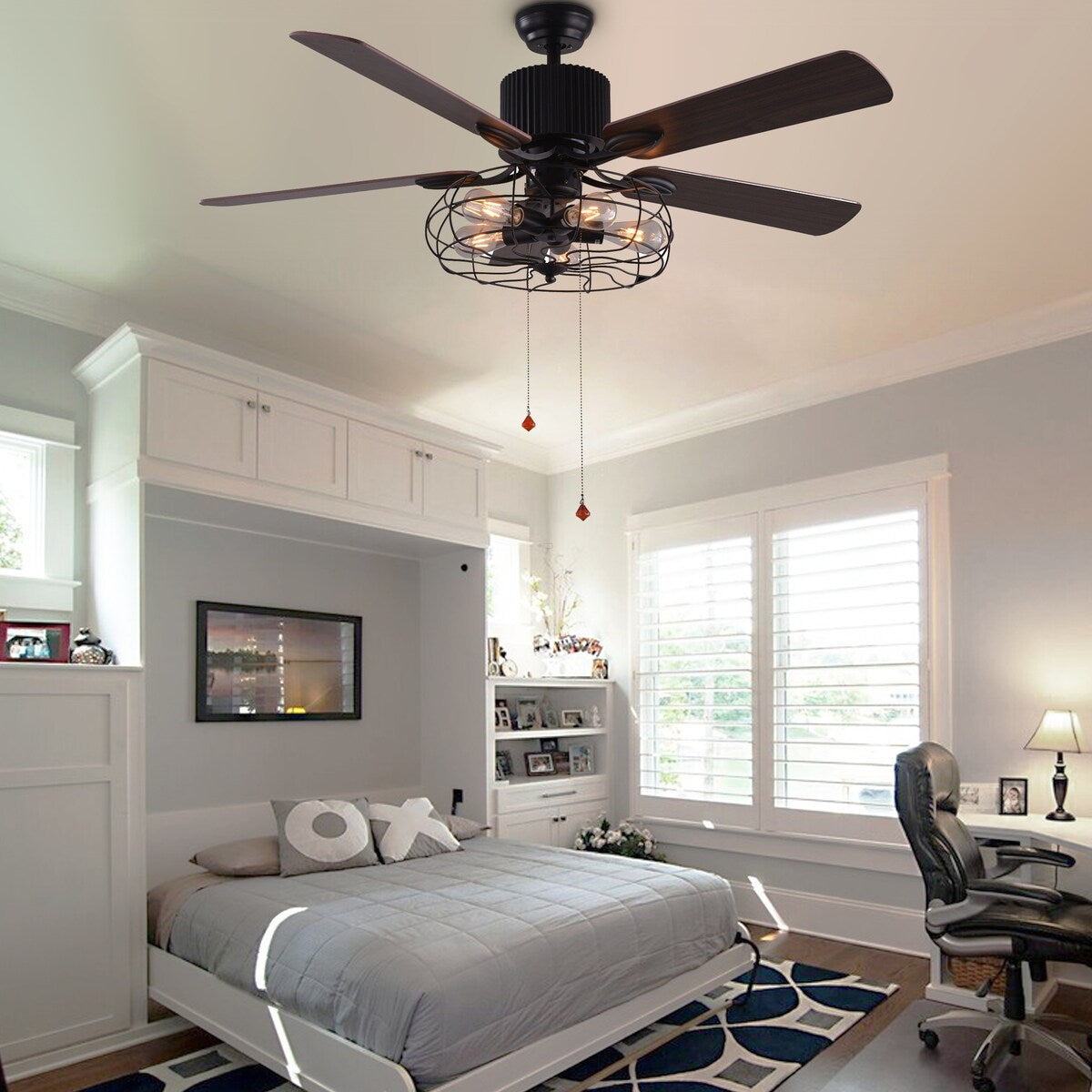 Ventilateur de plafond CurveCurio style industriel ferme, cage noire à 5 lumières, avec éclairage, télécommande et chaînette, 42-48-52 pouces.