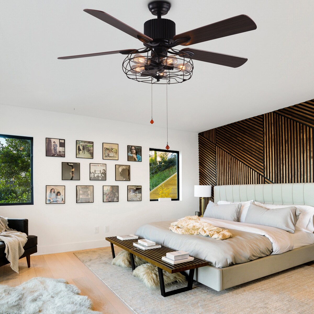 Ventilateur de plafond CurveCurio style industriel ferme, cage noire à 5 lumières, avec éclairage, télécommande et chaînette, 42-48-52 pouces.