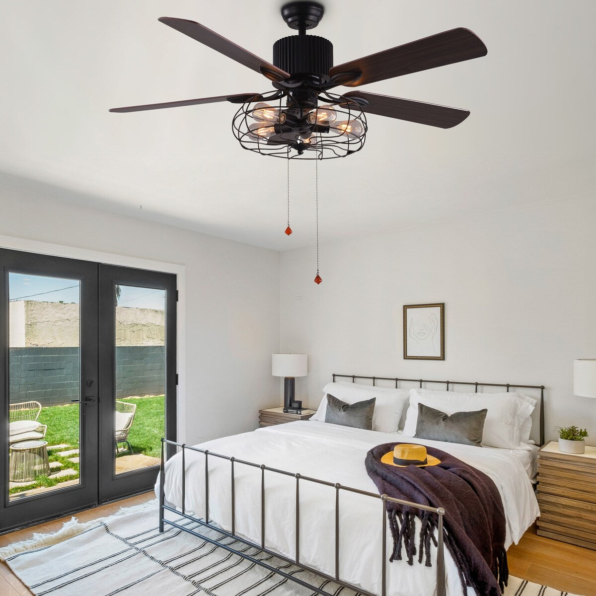 Ventilateur de plafond CurveCurio style industriel ferme, cage noire à 5 lumières, avec éclairage, télécommande et chaînette, 42-48-52 pouces.