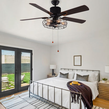 Ventilateur de plafond CurveCurio style industriel ferme, cage noire à 5 lumières, avec éclairage, télécommande et chaînette, 42-48-52 pouces.