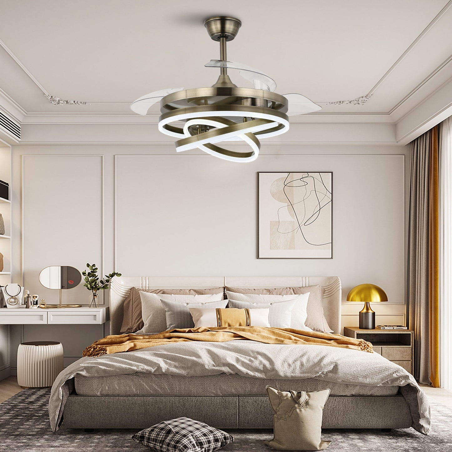 Ventilateur de plafond rétractable Cusp Barn 42 avec éclairage et télécommande, forme DIY, ventilateur moderne silencieux à moteur CC et plafonnier LED