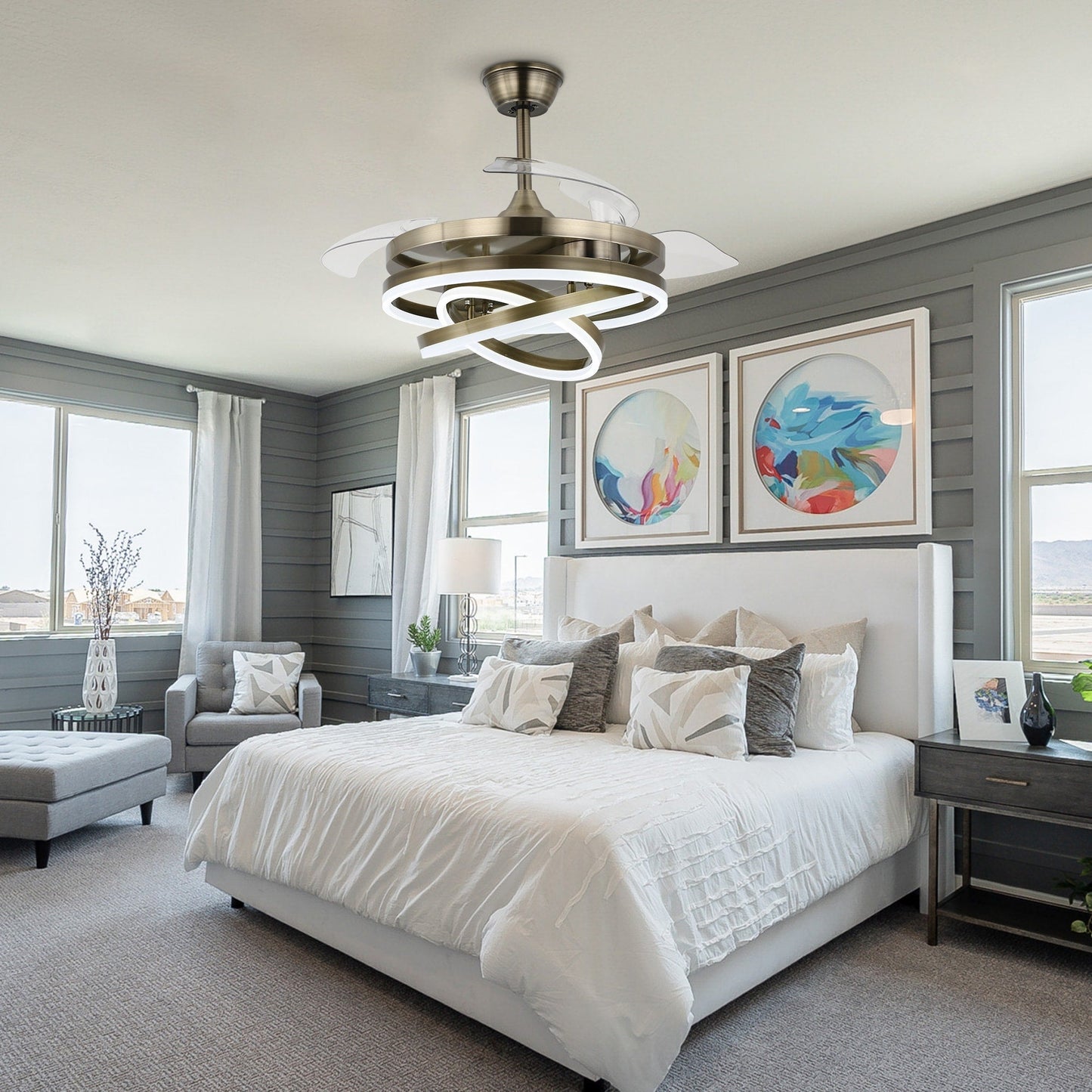 Ventilateur de plafond rétractable Cusp Barn 42 avec éclairage et télécommande, forme DIY, ventilateur moderne silencieux à moteur CC et plafonnier LED