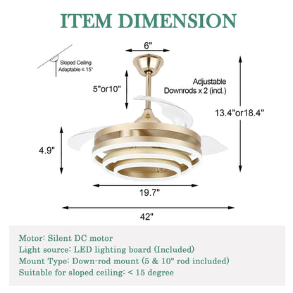 Ventilateur de plafond rétractable Cusp Barn 42 avec éclairage et télécommande, forme DIY, ventilateur moderne silencieux à moteur CC et plafonnier LED