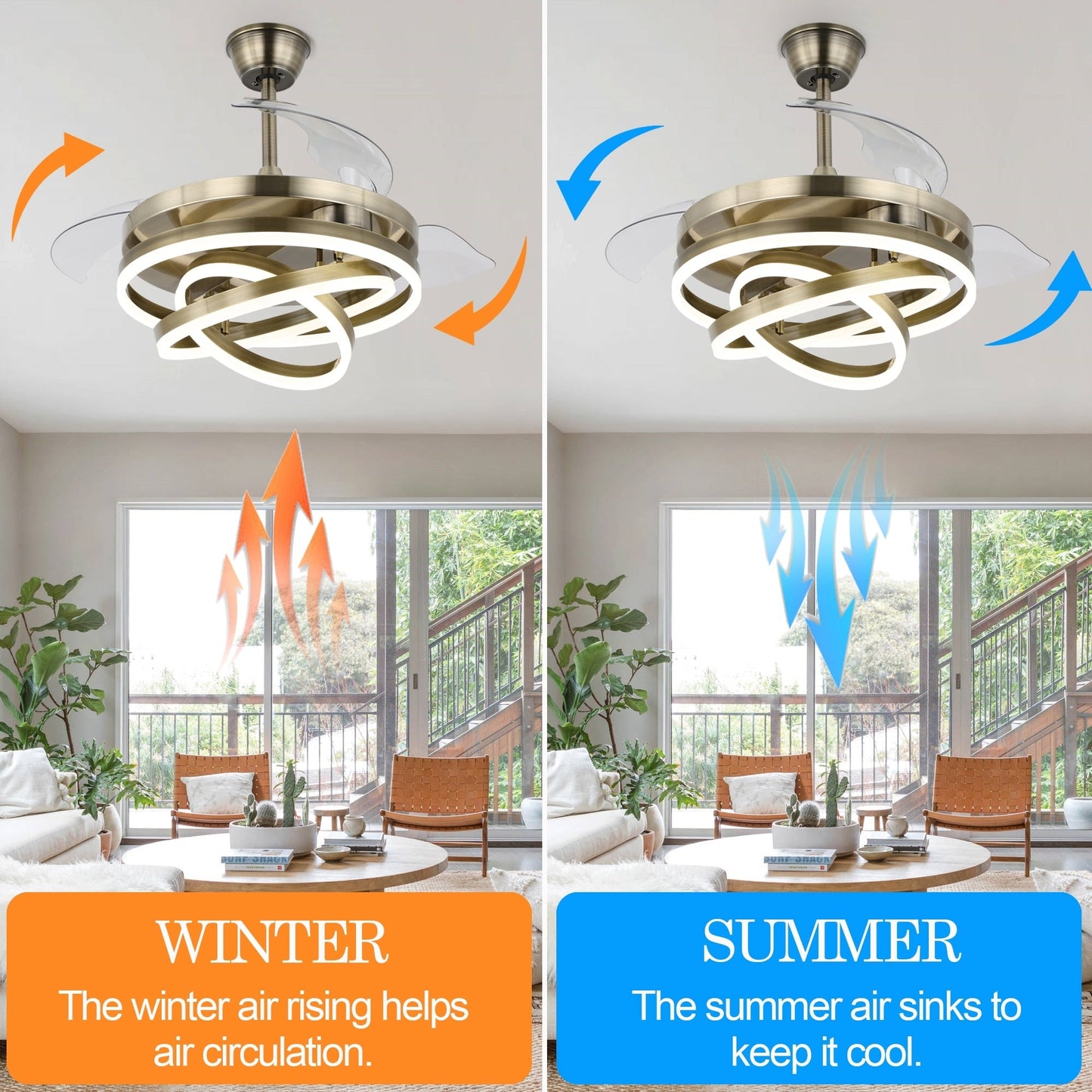 Ventilateur de plafond rétractable Cusp Barn 42 avec éclairage et télécommande, forme DIY, ventilateur moderne silencieux à moteur CC et plafonnier LED