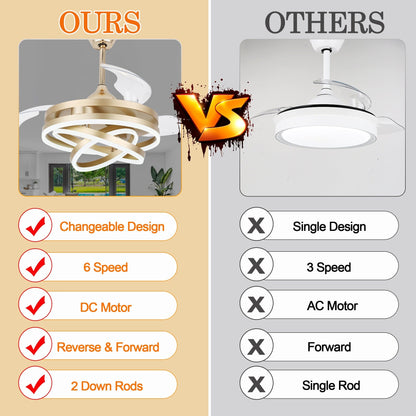 Ventilateur de plafond rétractable Cusp Barn 42 avec éclairage et télécommande, forme DIY, ventilateur moderne silencieux à moteur CC et plafonnier LED