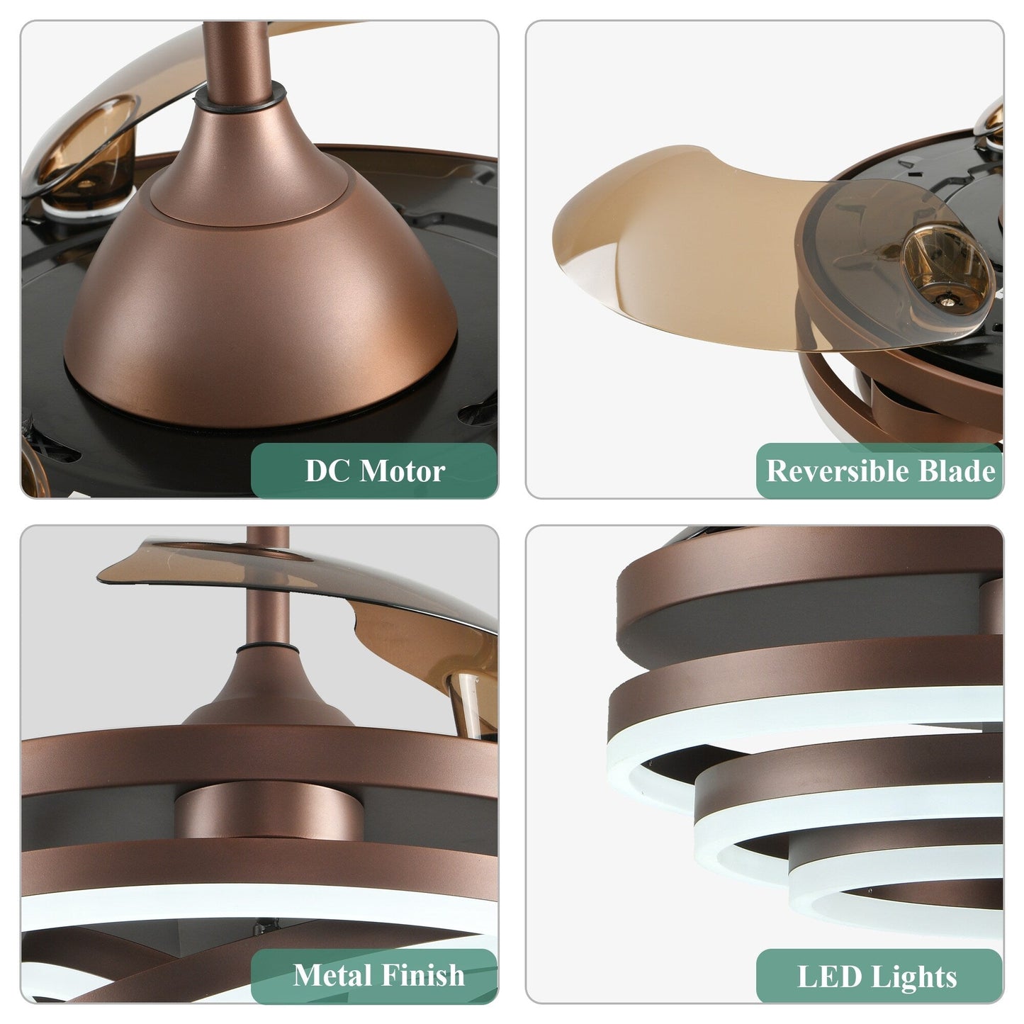 Ventilateur de plafond rétractable Cusp Barn 42 avec éclairage et télécommande, forme DIY, ventilateur moderne silencieux à moteur CC et plafonnier LED