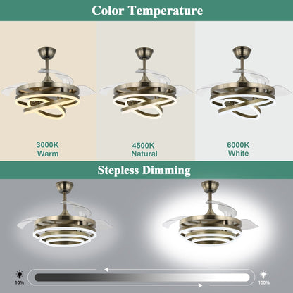 Ventilateur de plafond rétractable Cusp Barn 42 avec éclairage et télécommande, forme DIY, ventilateur moderne silencieux à moteur CC et plafonnier LED