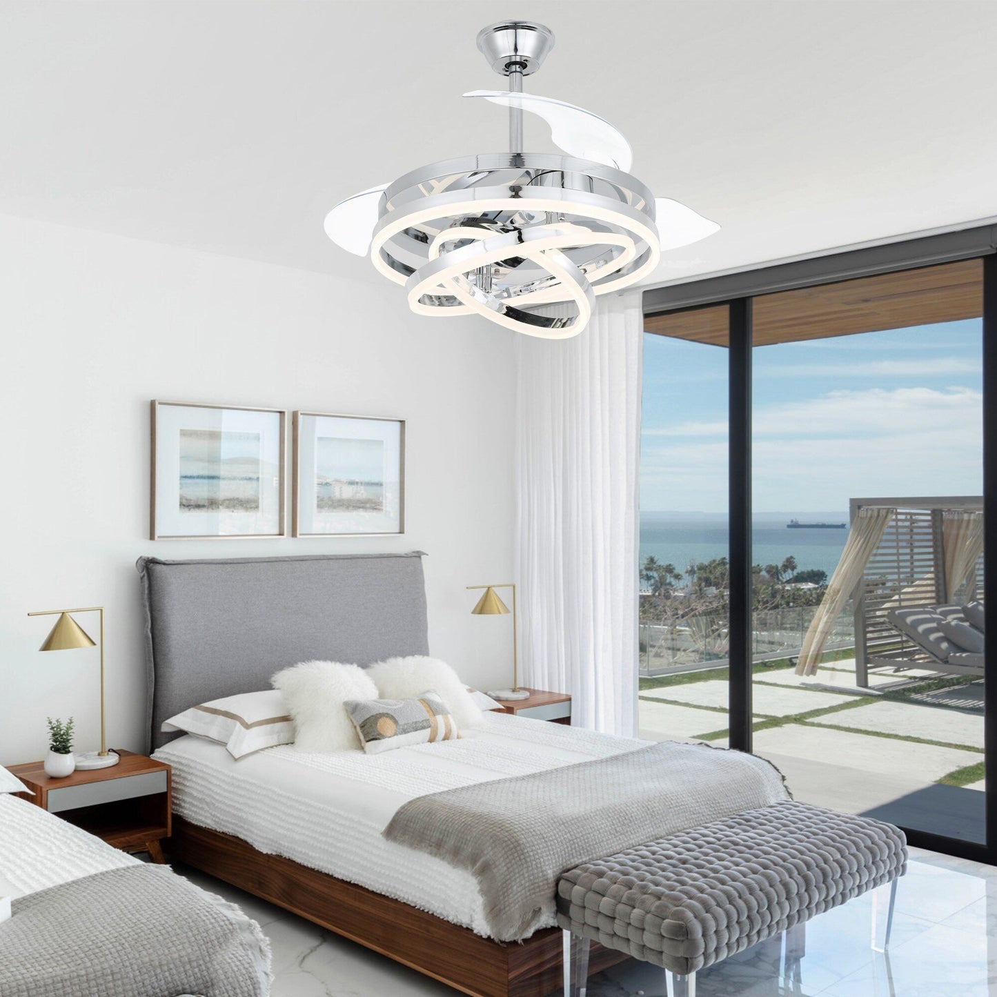 Ventilateur de plafond rétractable Cusp Barn 42 avec éclairage et télécommande, forme DIY, ventilateur moderne silencieux à moteur CC et plafonnier LED