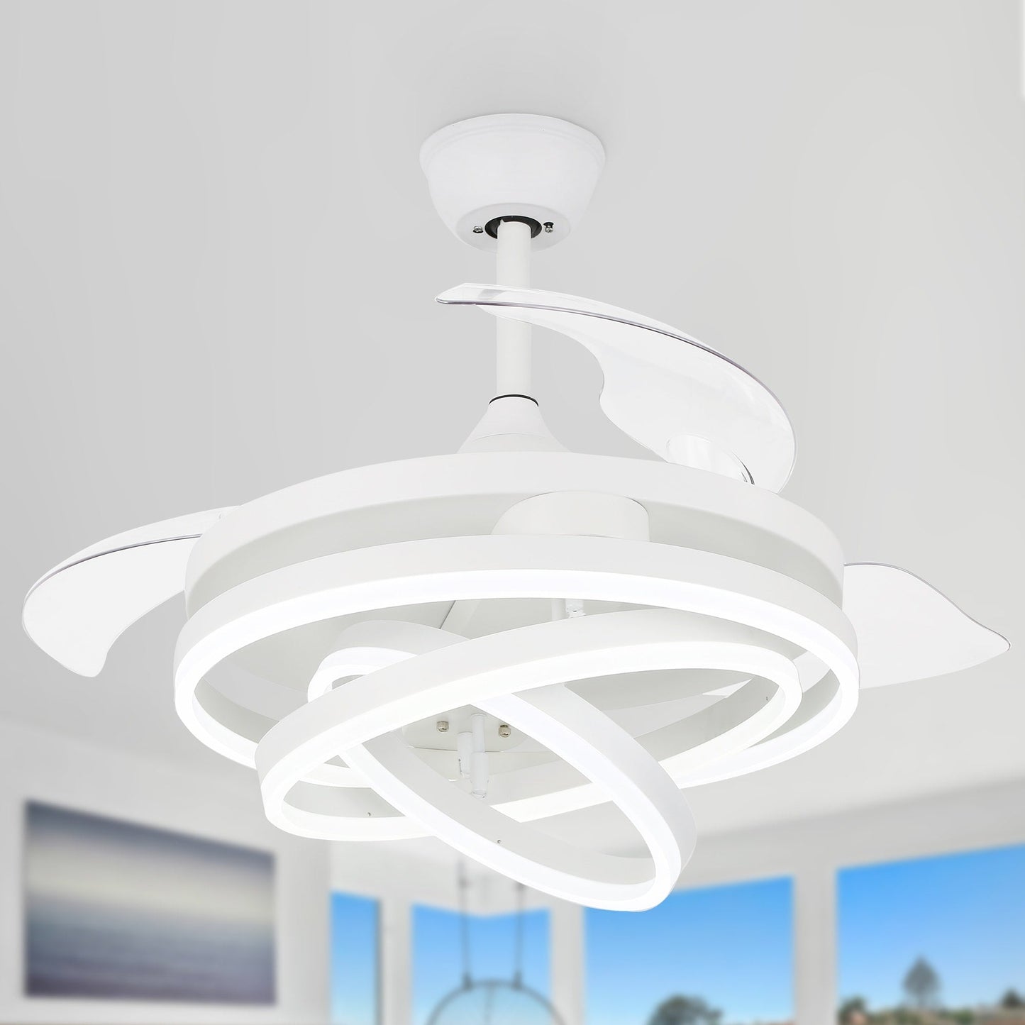 Ventilateur de plafond rétractable Cusp Barn 42 avec éclairage et télécommande, forme DIY, ventilateur moderne silencieux à moteur CC et plafonnier LED