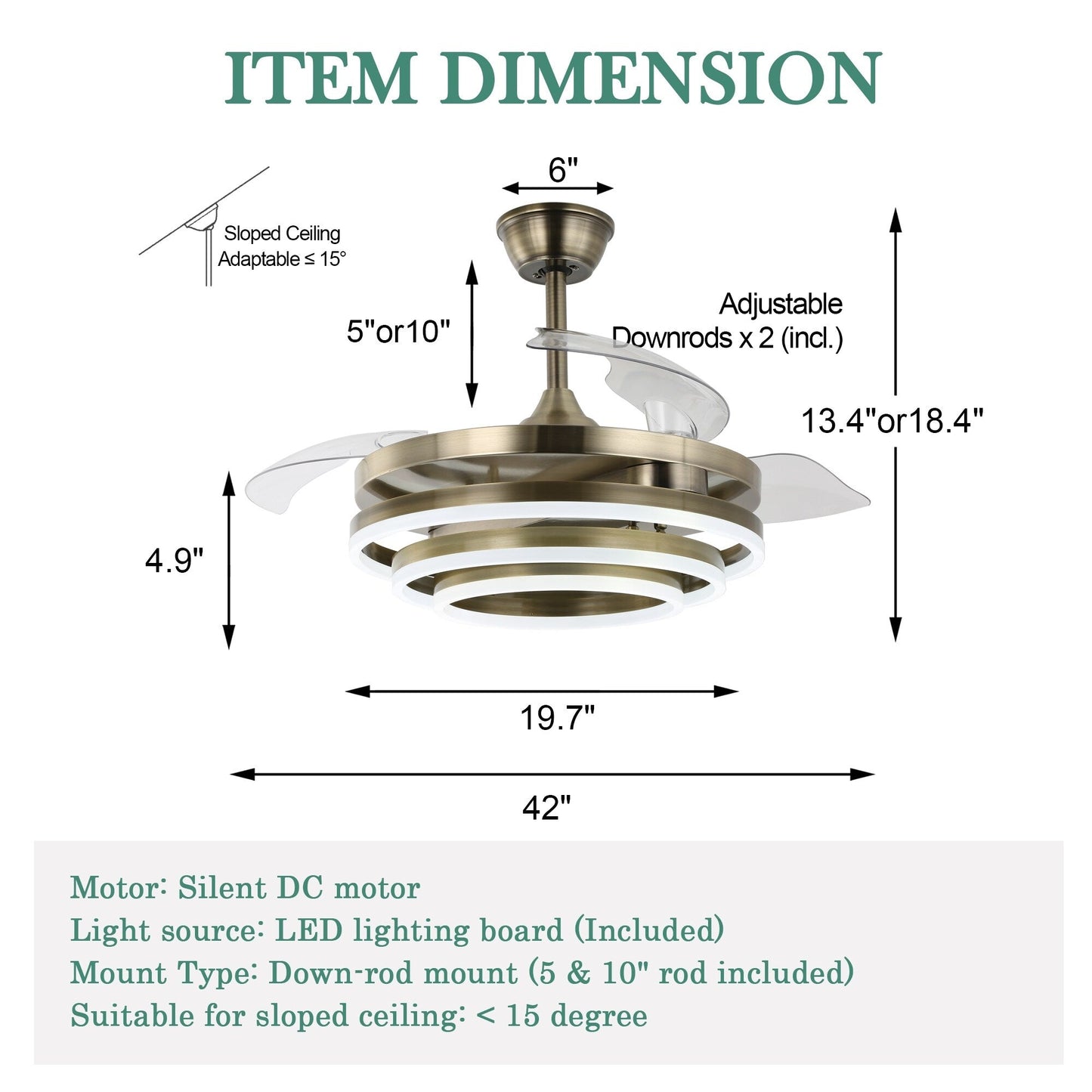 Ventilateur de plafond rétractable Cusp Barn 42 avec éclairage et télécommande, forme DIY, ventilateur moderne silencieux à moteur CC et plafonnier LED