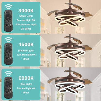 Ventilateur de plafond rétractable Cusp Barn 42 avec éclairage et télécommande, forme DIY, ventilateur moderne silencieux à moteur CC et plafonnier LED