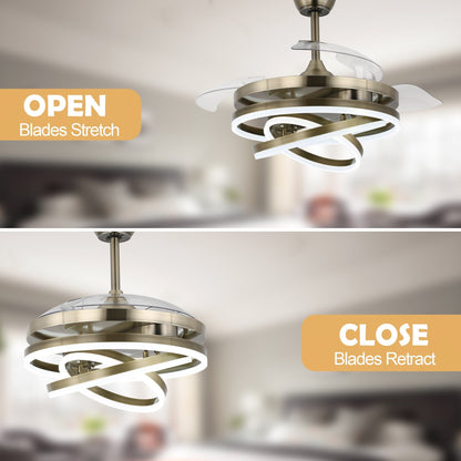 Ventilateur de plafond rétractable Cusp Barn 42 avec éclairage et télécommande, forme DIY, ventilateur moderne silencieux à moteur CC et plafonnier LED