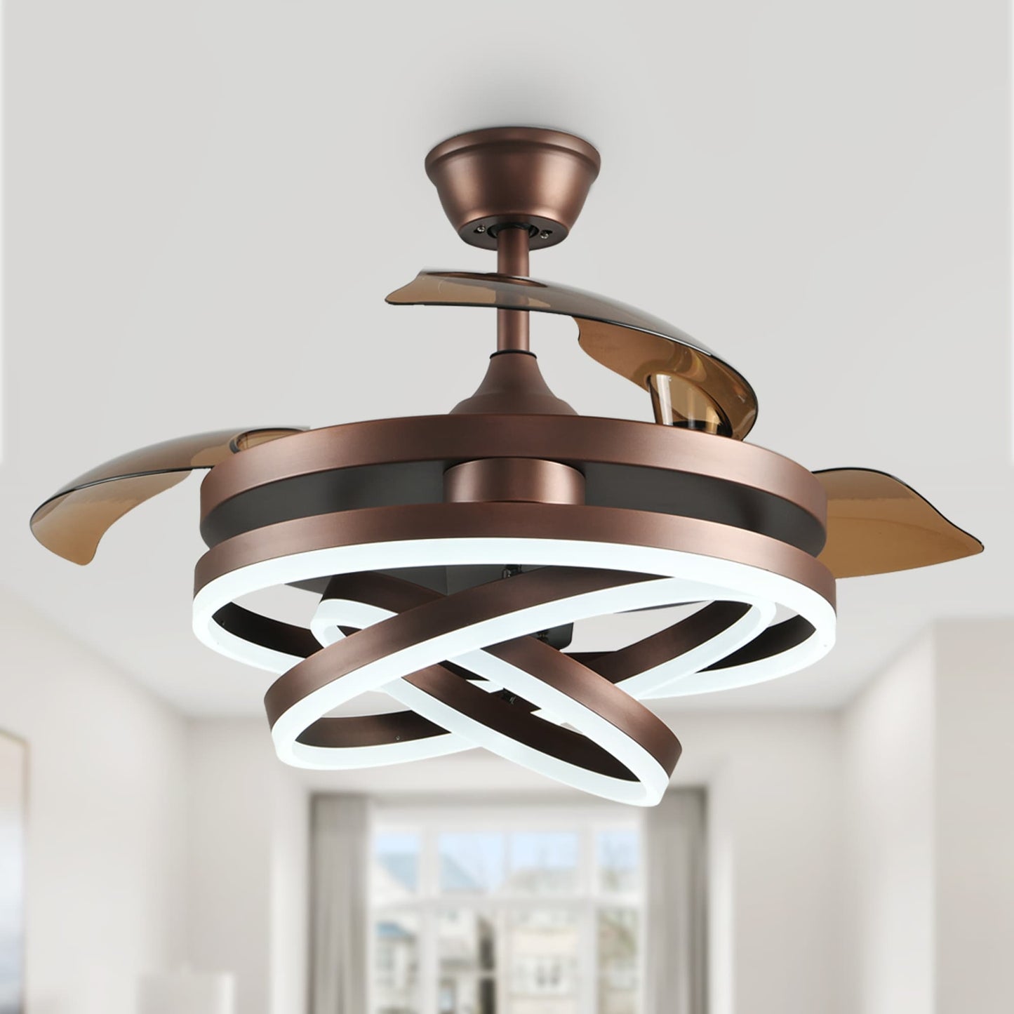 Ventilateur de plafond rétractable Cusp Barn 42 avec éclairage et télécommande, forme DIY, ventilateur moderne silencieux à moteur CC et plafonnier LED