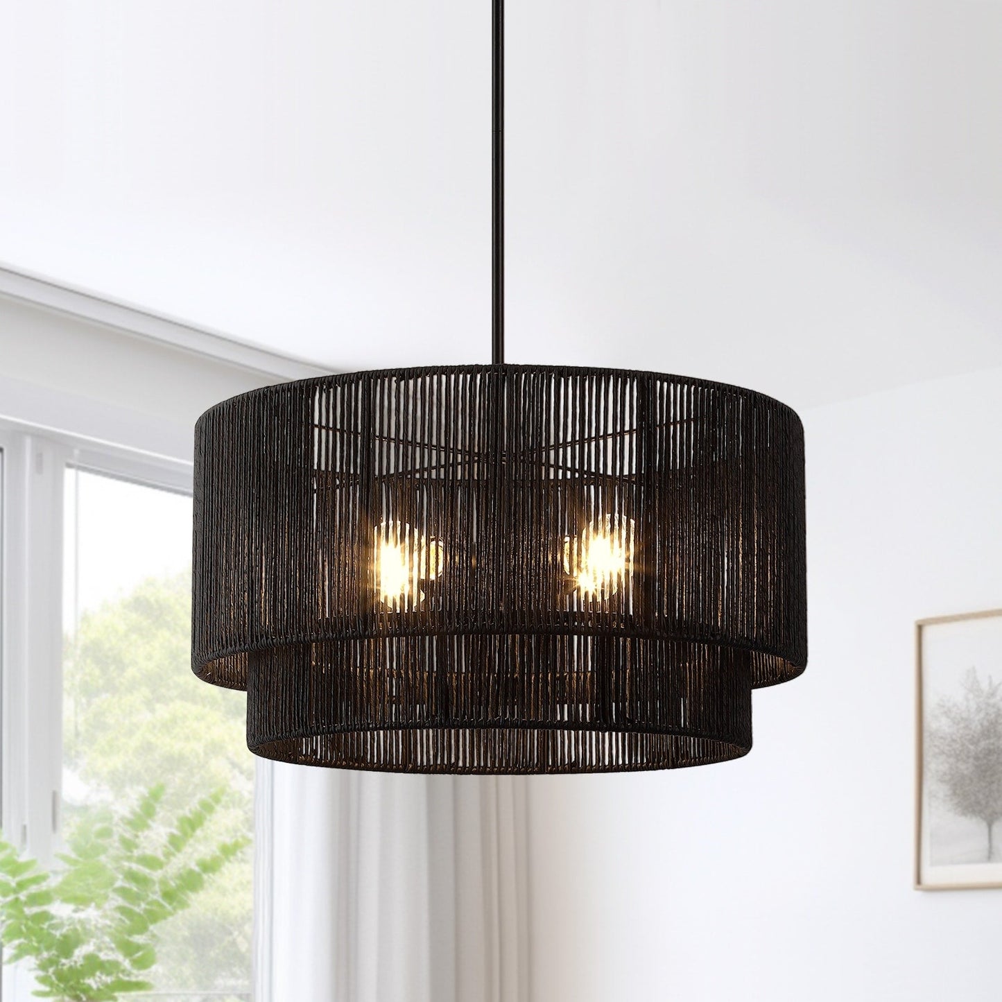 Lustre tambour en rotin noir Cynthia à 4 lumières - 56 cm (22 po) de largeur