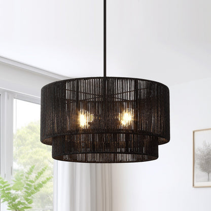 Lustre tambour en rotin noir Cynthia à 4 lumières - 56 cm (22 po) de largeur