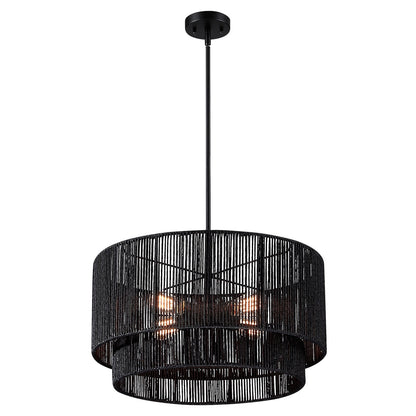 Lustre tambour en rotin noir Cynthia à 4 lumières - 56 cm (22 po) de largeur