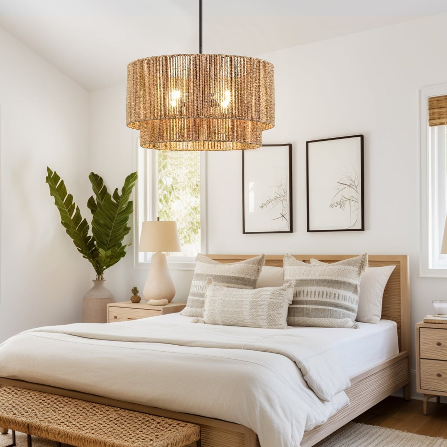 Lustre tambour en rotin naturel Cynthia à 4 lumières - 56 cm (22 po) de largeur