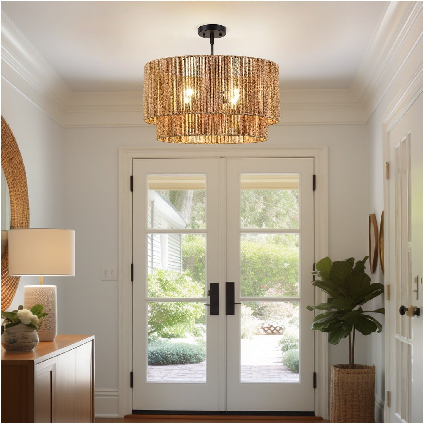 Lustre tambour en rotin naturel Cynthia à 4 lumières - 56 cm (22 po) de largeur