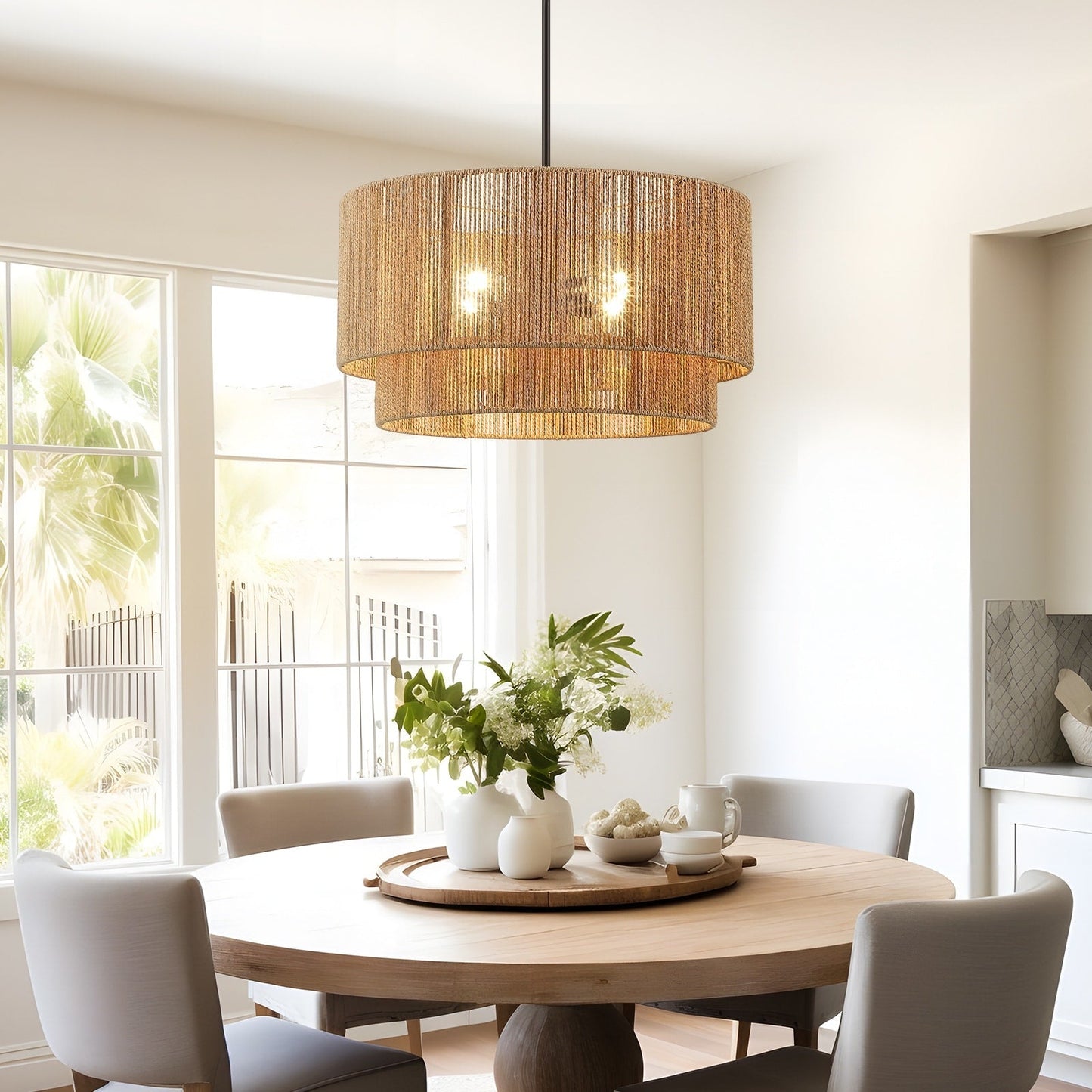 Lustre tambour en rotin naturel Cynthia à 4 lumières - 56 cm (22 po) de largeur