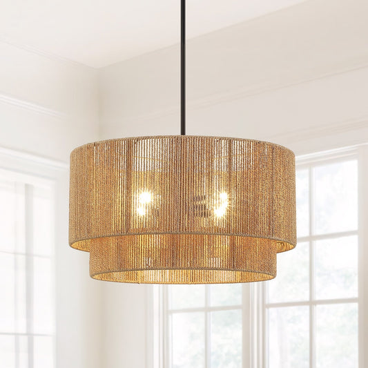 Lustre tambour en rotin naturel Cynthia à 4 lumières - 56 cm (22 po) de largeur