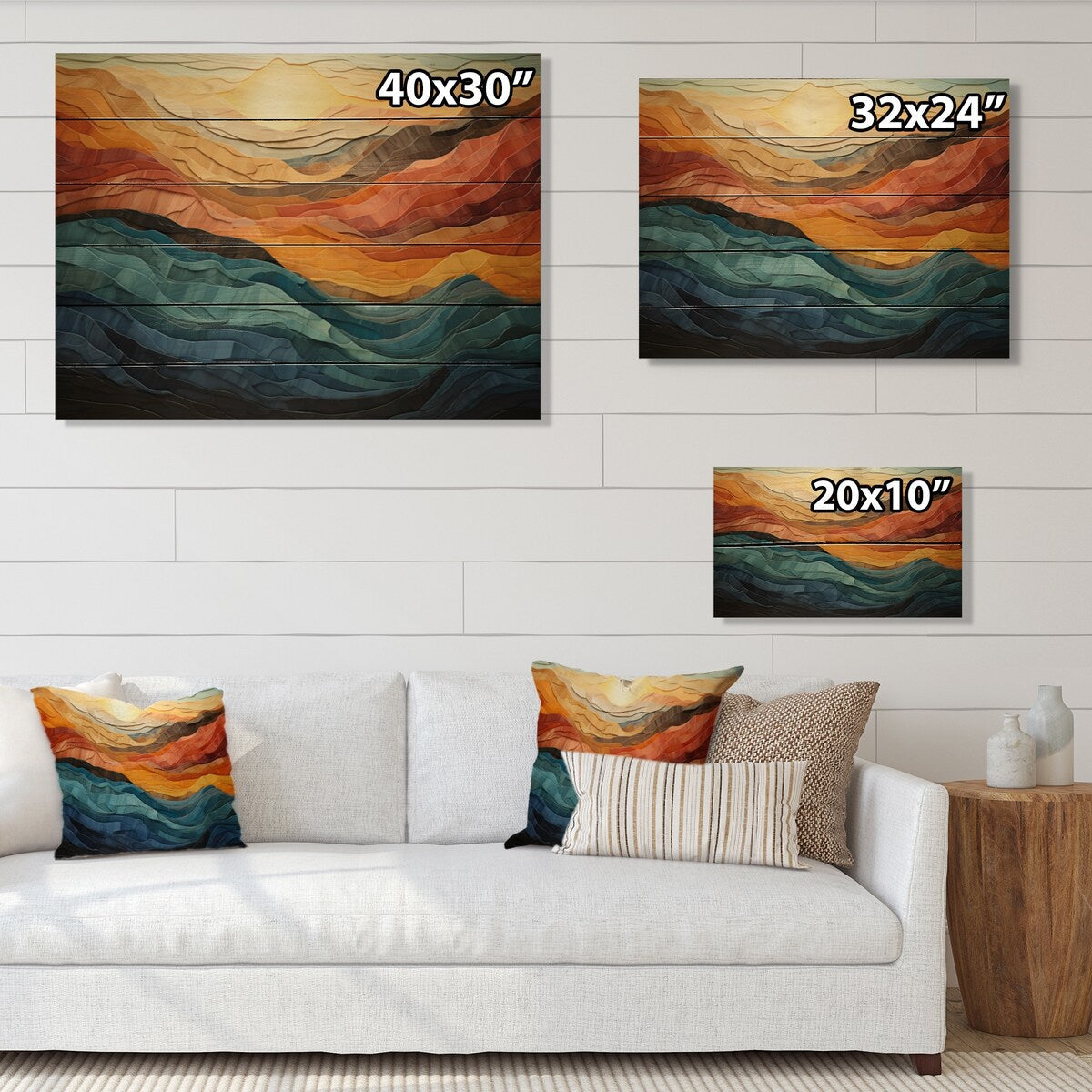 Designart Coral Teal Bold Mountains Landscape, impression moderne sur bois de pin naturel