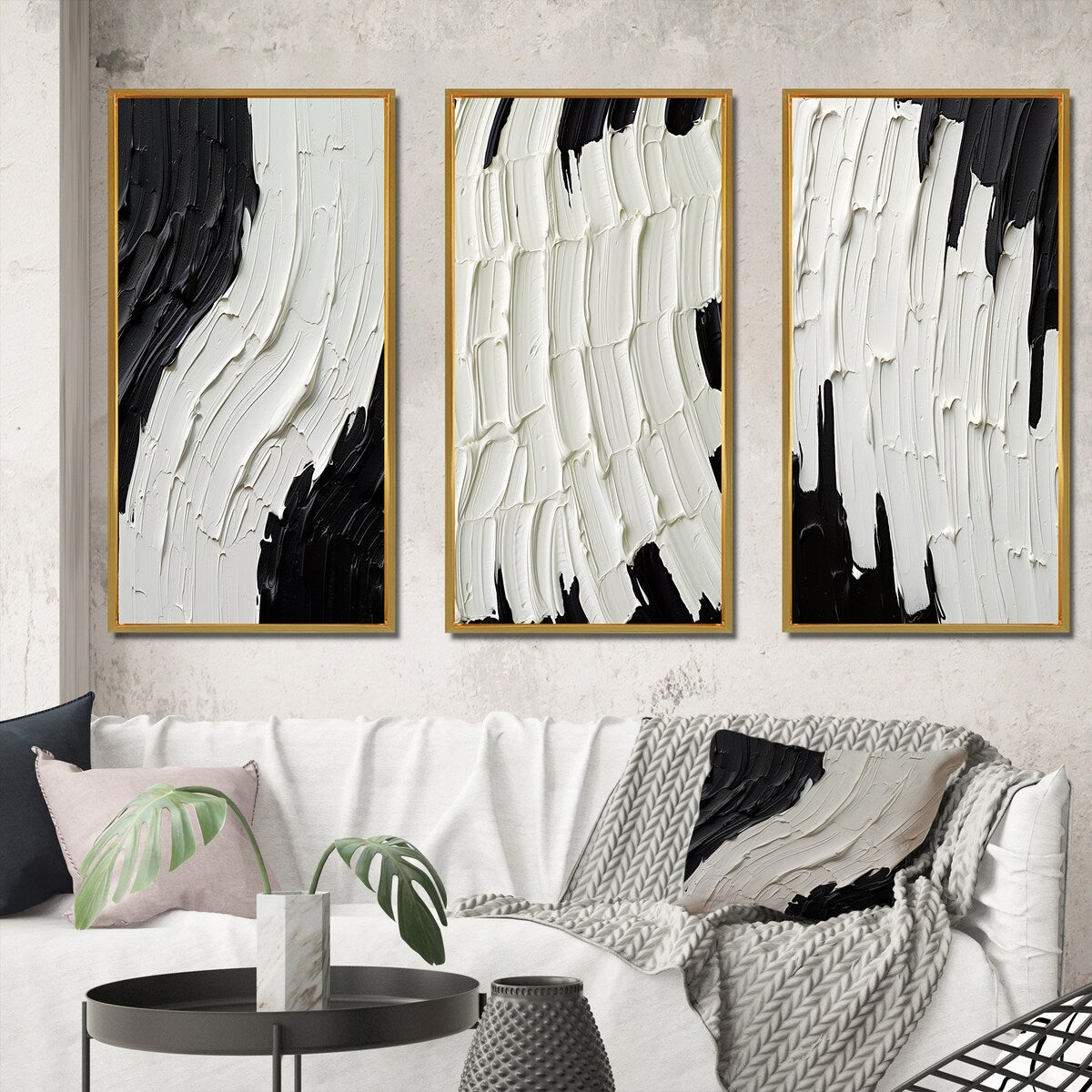 Ensemble de 3 cadres pour tableaux abstraits Designart Momentary Spirit Noir et Blanc II, idéal pour la décoration murale.