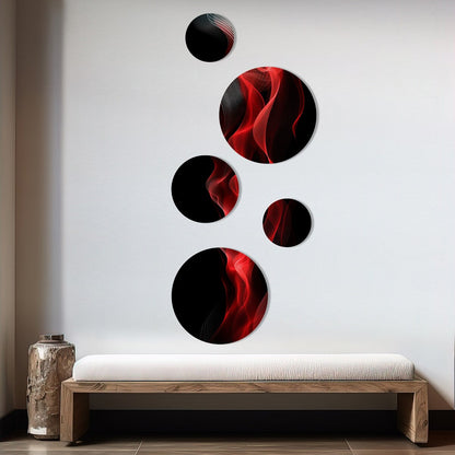 Ensemble de 5 tableaux ronds en métal Designart Rouge et Noir Abstraction Contemplative IX Vagues Modernes
