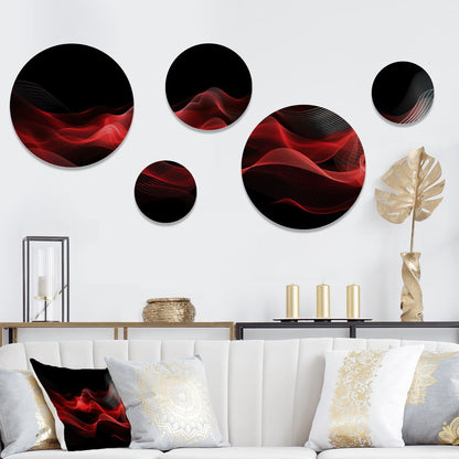 Ensemble de 5 tableaux ronds en métal Designart Rouge et Noir Abstraction Contemplative IX Vagues Modernes