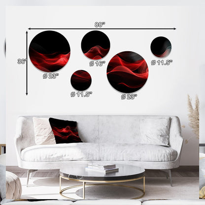 Ensemble de 5 tableaux ronds en métal Designart Rouge et Noir Abstraction Contemplative IX Vagues Modernes