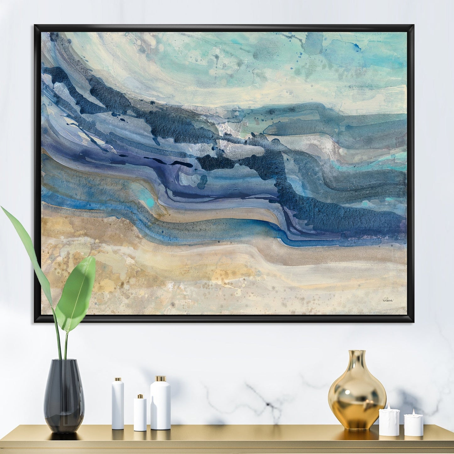 Designart Côte Vagues Bleues Aquarelle Style Ferme Moderne Toile Encadrée