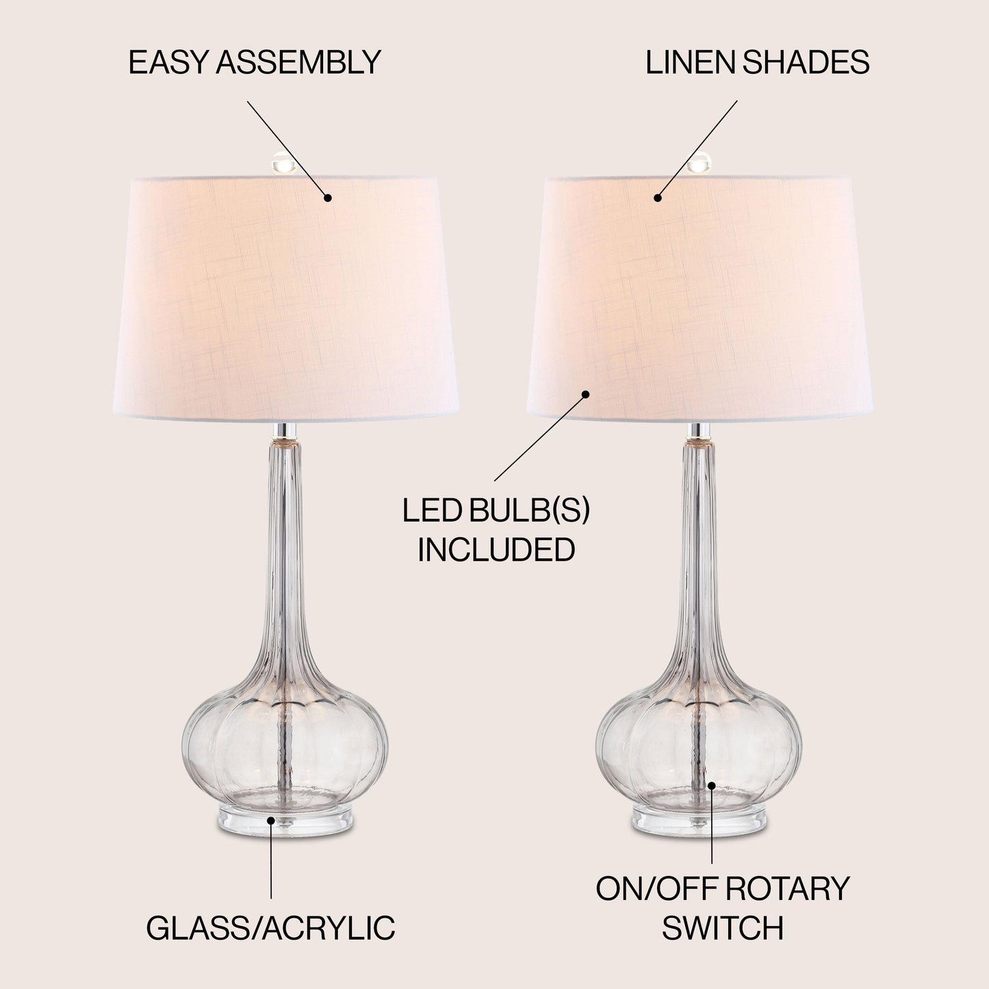 Lampe de table LED Diamante 28,5 en verre en forme de larme, rose (lot de 2) par JONATHAN Y