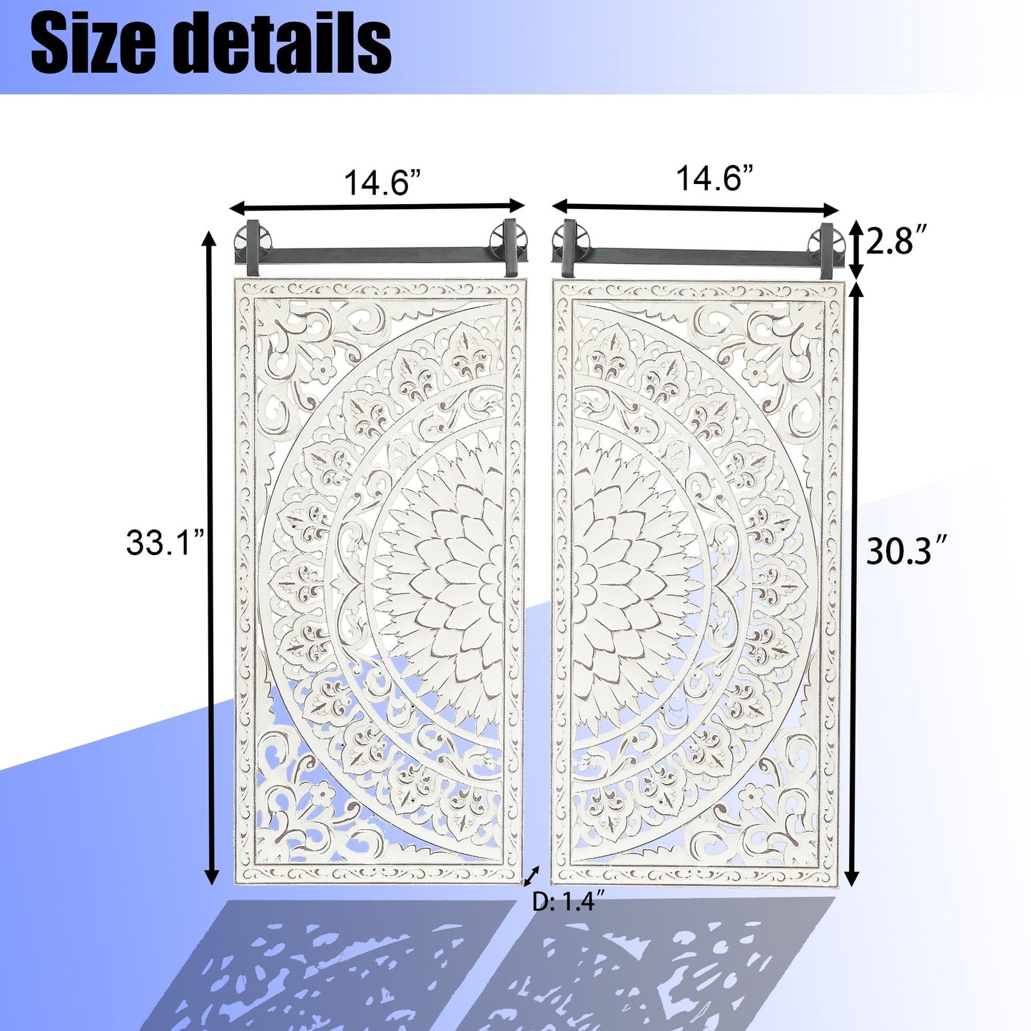 Ensemble de 2 tableaux muraux en bois blanc ivoire vieilli, représentant des fleurs et ornés de détails noirs.