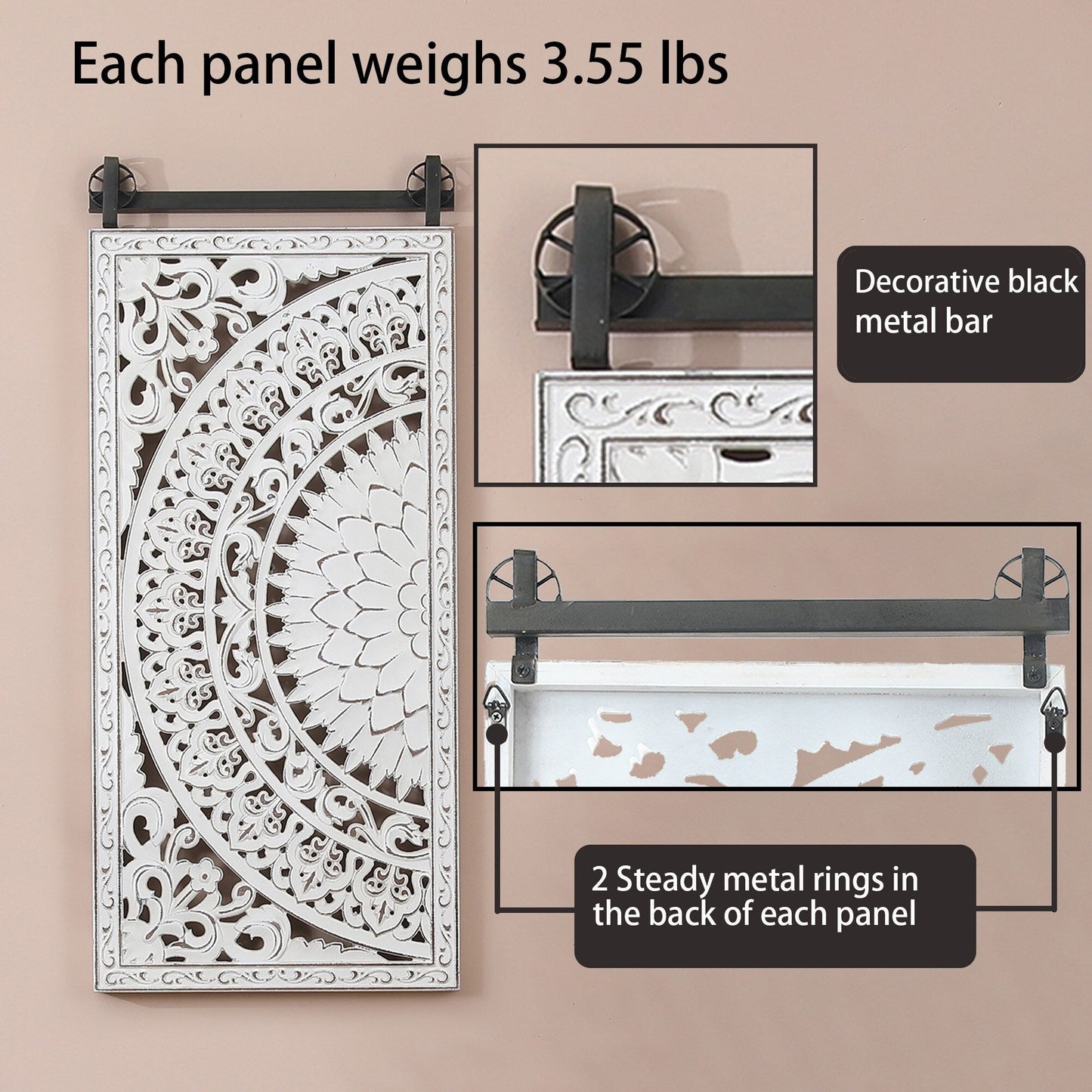 Ensemble de 2 tableaux muraux en bois blanc ivoire vieilli, représentant des fleurs et ornés de détails noirs.